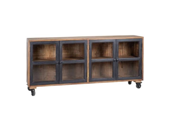 Buffet bois manguier noir portes vitrées roulettes 160x35x71cm