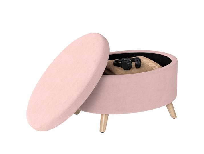 HOMCOM Pouf de Rangement Ovale, Banc de Rangement 71x51,5x42 cm, Revêtement en Velours avec Pieds en Bois Massif, Rose Clair