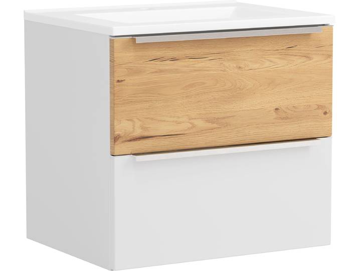 Waschtisch WELLTIME TRIENT, Softclose-Auszüge, Mineralgussbecken , matt weiß, wildeiche, matt weiß, B:60cm H:54cm T:47cm, Waschtische, Waschtisch, matt weiss/wildeiche, Mineralgussbecken