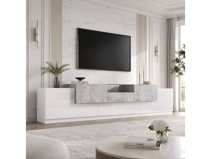 Meuble TV Ulsam Blanc et Gris Ciment Portes Latérales Tiroir Central Niche Ouverte avec Verre Trempé Passe-Câbles