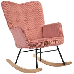 MODFU Schaukelstuhl Relaxsessel 98x71x101 cm mit Armlehnen Kordoptik Pink Stahlrahmen Buchenholz Kufen hoher Rücken bequeme Polsterung