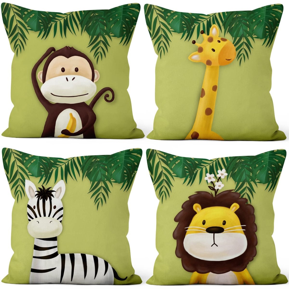 Set van 4 zachte pluche kussenslopen met cartoon dieren, groen, 40 x 40 cm