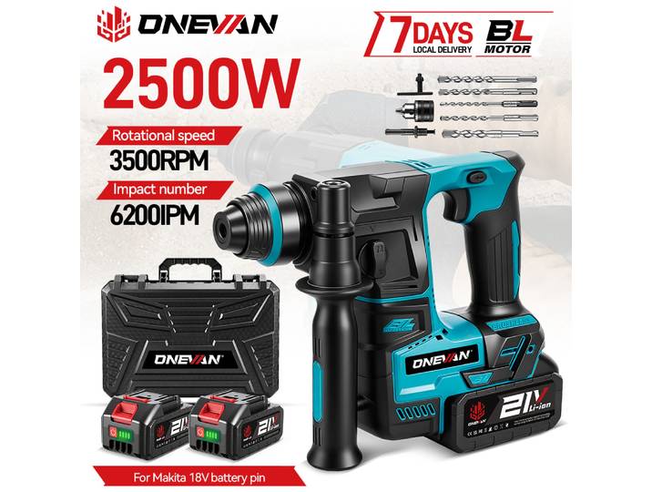 Marteau électrique sans fil ONEVAN 2500W, 3500 tr/min, léger, outil de perçage à percussion, compatible avec batterie Makita 18V.