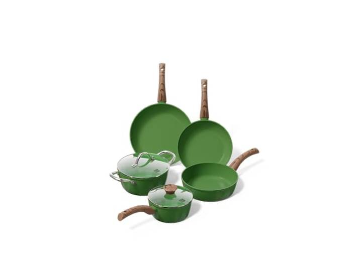 Cook & Pan - Go Green Topfset und Pfannenset, 5-teilig-Induktionsgeeignet-PFAS frei Keramik-Antihaftbeschichtung -Antihaft- wärmeisolierter Griff- Aluminium - Grün