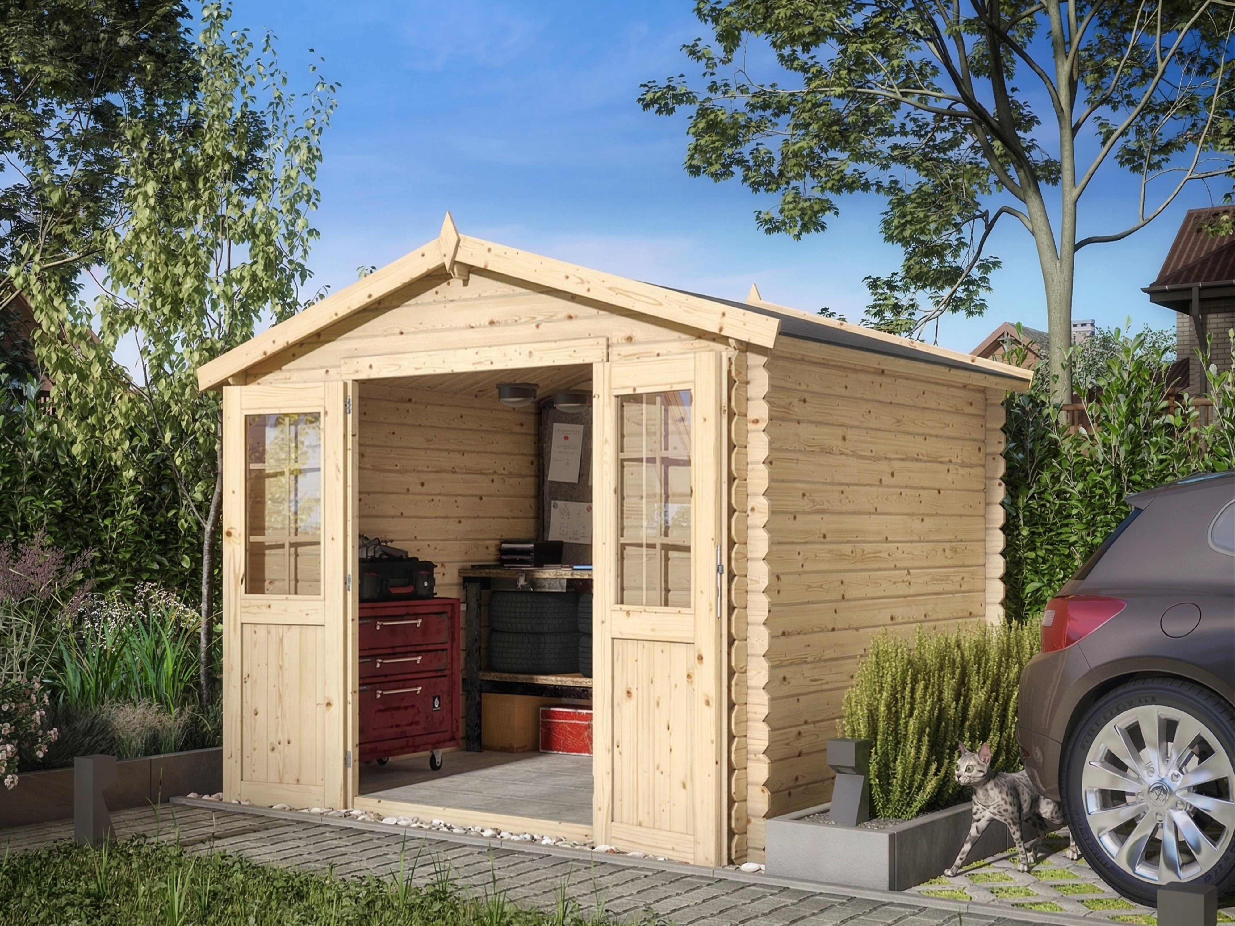 WOODTEX Naturbelassen 280 x 230 cm Gartenhaus Blockbohlenhaus, 28 mm Wandstärke Fichtenholz Satteldach, Gartenhaus 7 69 m² Grundfläche mit Doppeltür, Gartenhäuser ohne Anbau