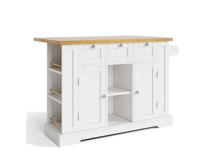 Console blanche avec plateau en bois et rangements latéraux