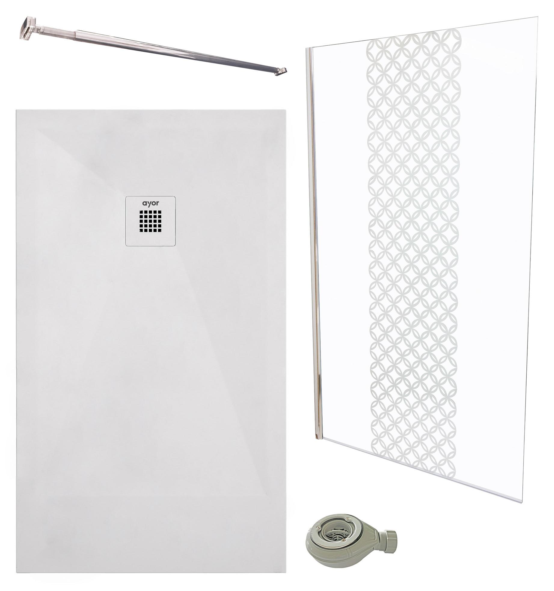 ONDEE ZEN-PACK DUSCHE - Weiße Duschwanne 120 x 90 cm + 120 cm lange Duschwand + Befestigungsstange