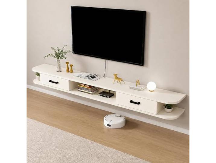 DMYKVJG TV Schrank Hängend Holz, Medienkonsole Mit Kabelmanagement An Der Wand Fernsehschrank, Abgerundete Ecken, TV Board 2 Offene Schubladen, Das Wohnzimmer(Beige,94.5 /240cm)