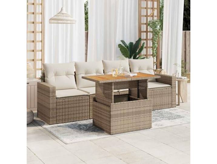 YUTAASU 5-TLG. Poly Rattan Sofagarnitur mit Kissen Beige