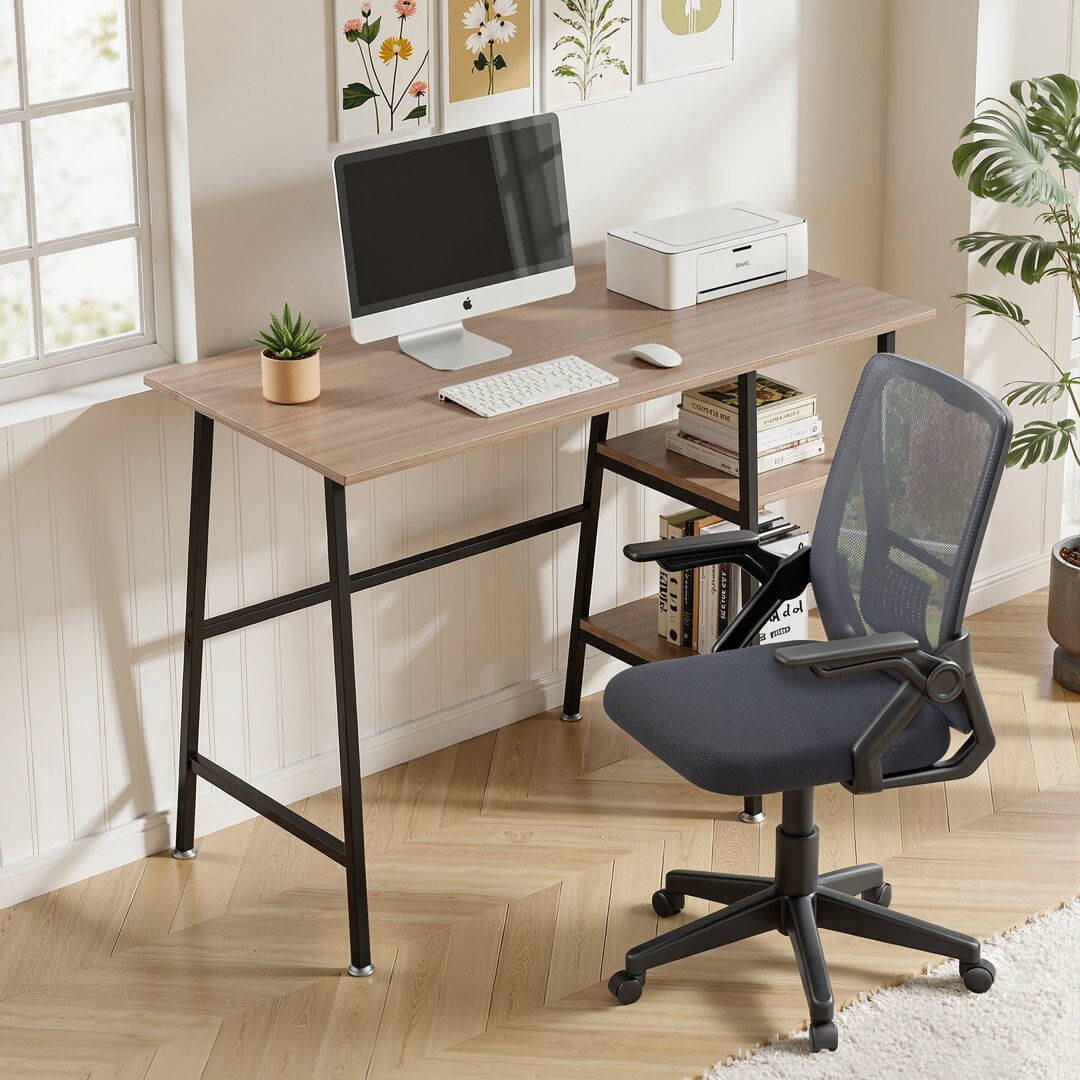 Inbox Zero Home Office Desk Set With 1 Office Chair, Modern Desk Computer Desk With Storage Shelves, Writing Table With Chair For Home Office Natural/Black