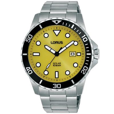 Solaruhr LORUS, gelb (silberfarben, gelb), Armbanduhren, Herren, Armbanduhr, Herrenuhr, Edelstahlarmband, analog, Tag