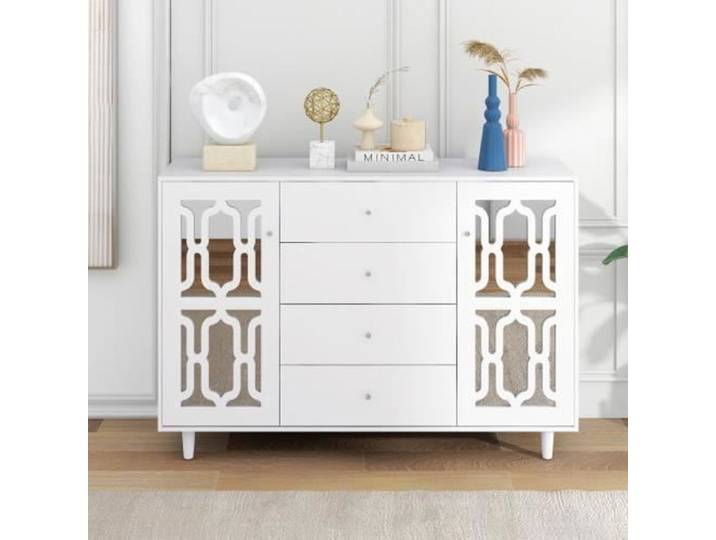 Buffet - Miroir Blanc - Poignées en Cristal - 2 Portes - 4 Tiroirs - 147 5x40x102 cm