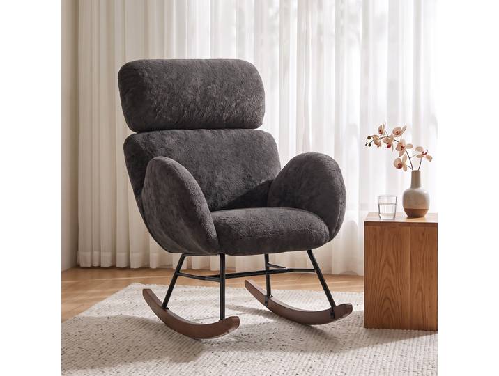 HOMCOM Fauteuil à Bascule Velours Gris Bois Appui-tête Réglable
