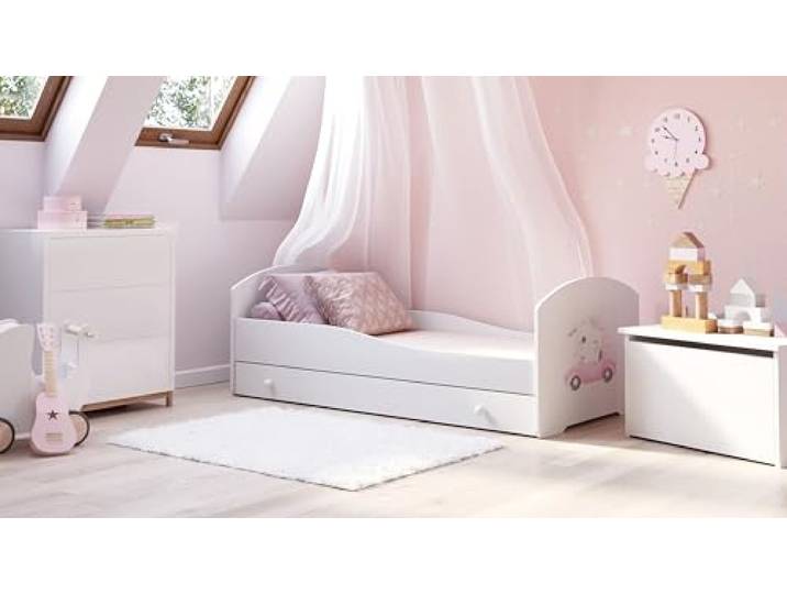 KOBI LUK Kinderbett mit Schublade, weiß für Kinderzimmer für einen Jungen und EIN Mädchen Schublade, Matratze, Rahmen inklusive (Katze, 160x80)