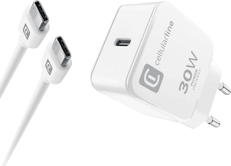 REACONDICIONADO Seminuevo Excelente Cargador móvil - Cellularline ACHIPHKITC2CPD30WW, Para USB-C, 30 W, Blanco