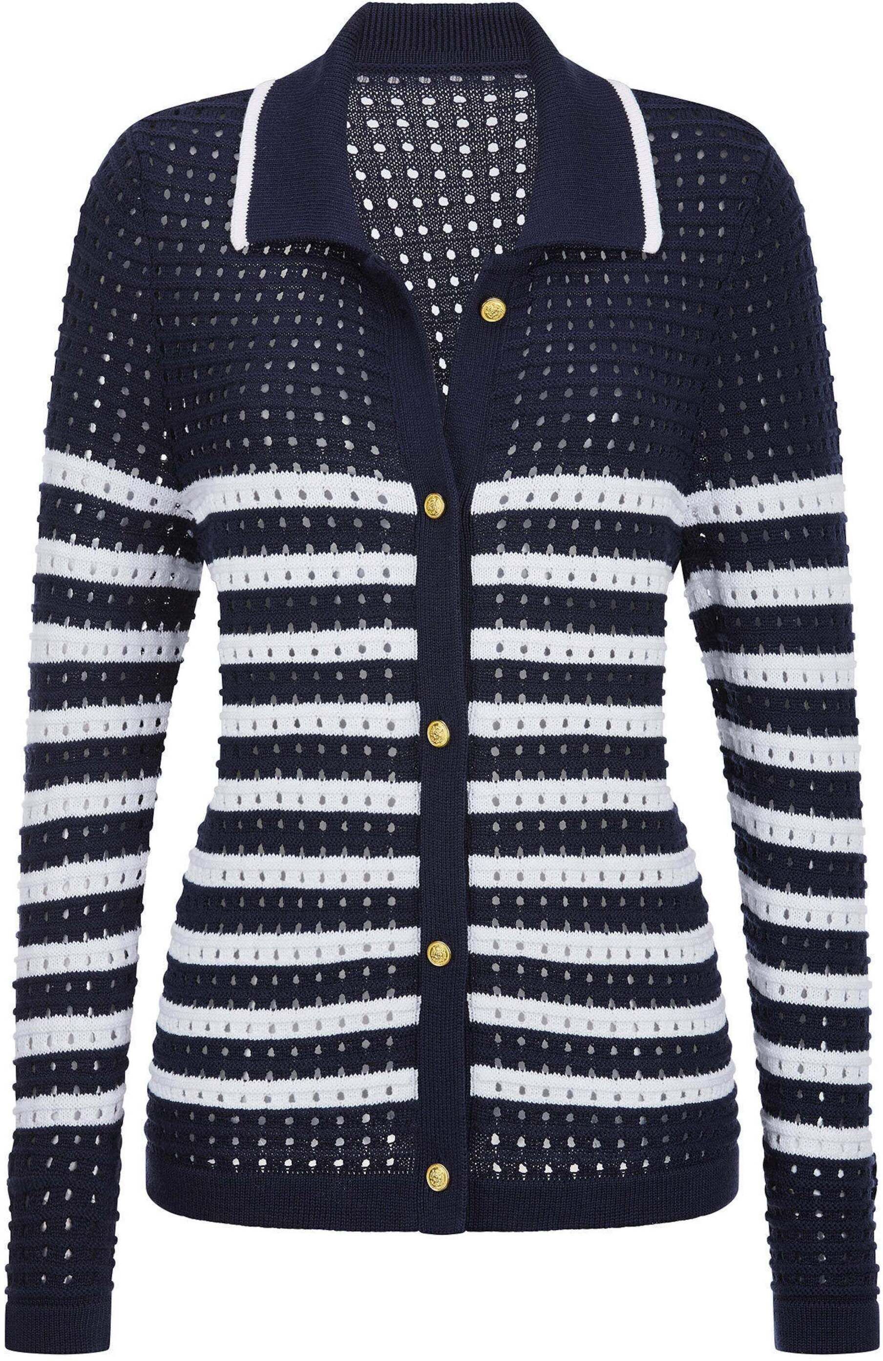 Strickjacke GOLDNER "Polopullover mit Lochmuster", Damen, Gr. 48, blau (marine, weiß, gemustert), Obermaterial: 50% Baumwolle CO. 50% Polyacryl PAN., gerade, Strickjacken Strickjacke, Lochmuster im Ringel, goldene Dekoknöpfe