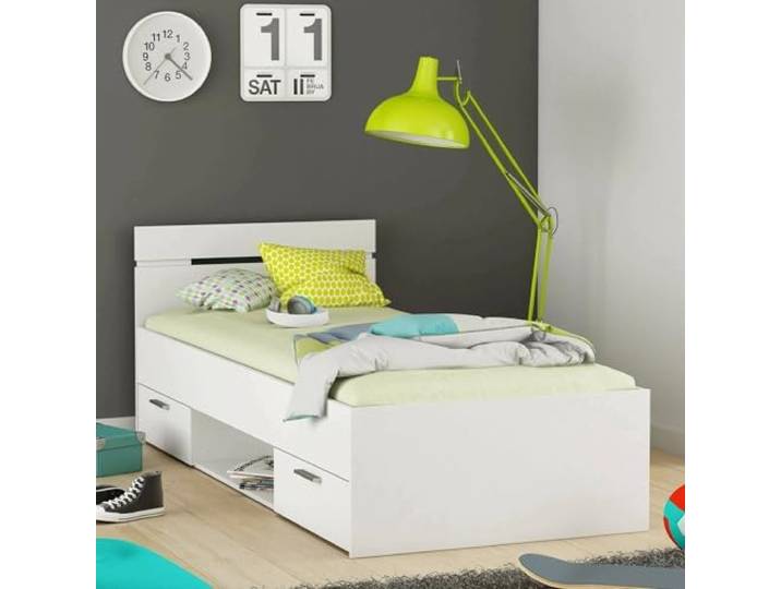 Dmora - Einzelbett Buech, Struktur des Lagerbetts, Sommier mit Abdeckung, Bettrahmen aus Stoff, 204x95 h74 cm, Mattweiß