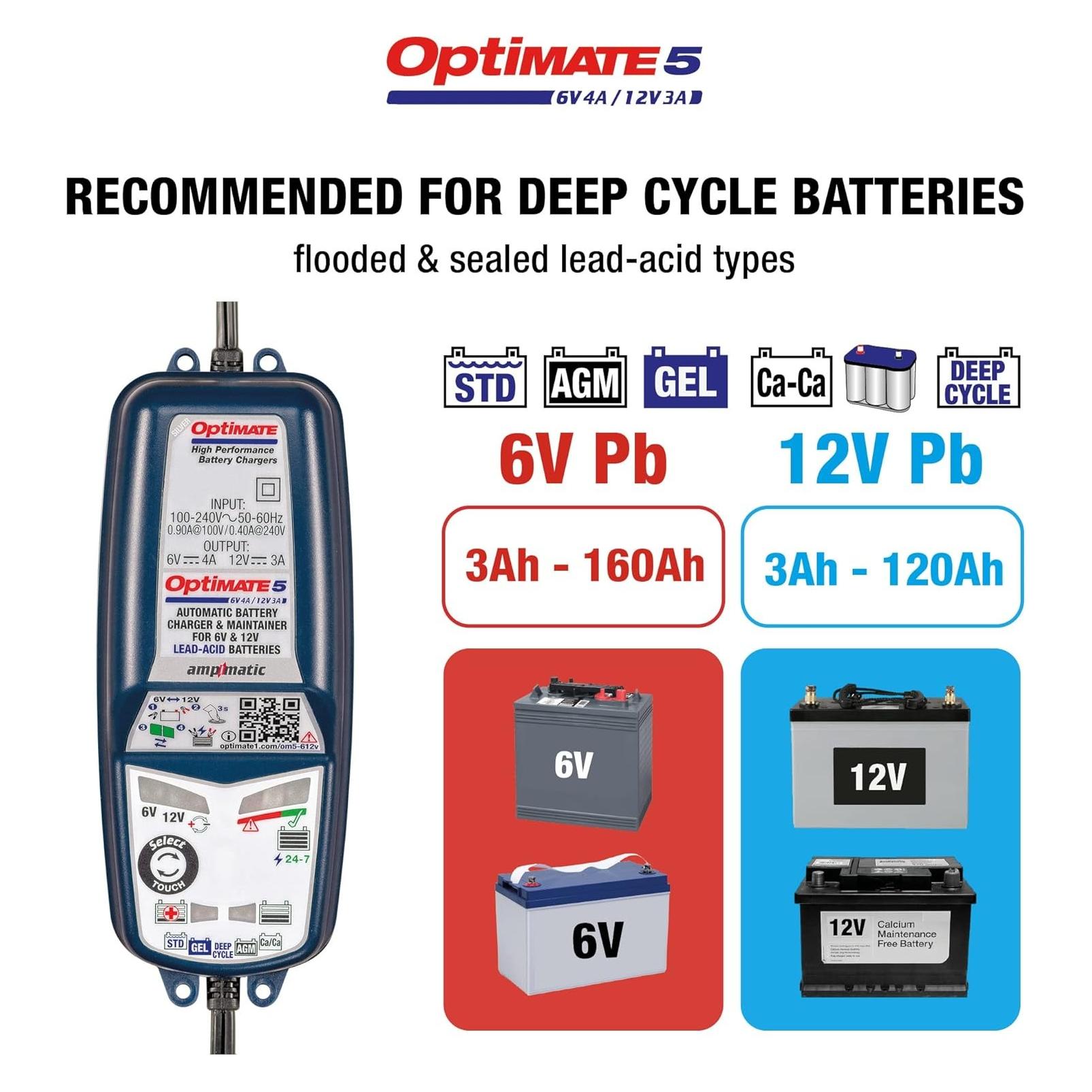 Tecmate Optimate 5 Voltmatic Acculader (4 A, 12V, 6V) (TM320)