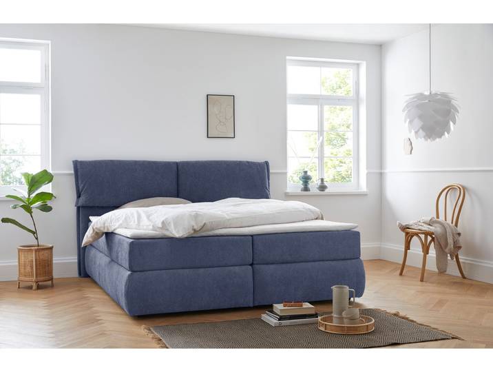Boxspringbett, Strukturweich, Blau, 208×225 cm, Mit Topper, Skandinavisch, andas