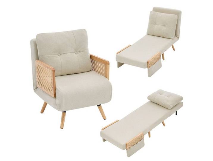Fauteuil 3-en-1 convertible lit beige rembourré dossier réglable à 5 positions avec accoudoirs rotin détente multifonction