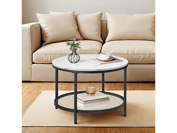 Table basse Chongu Ø 65cm Blanc/Noir/Imitation marbre blanc/Noir