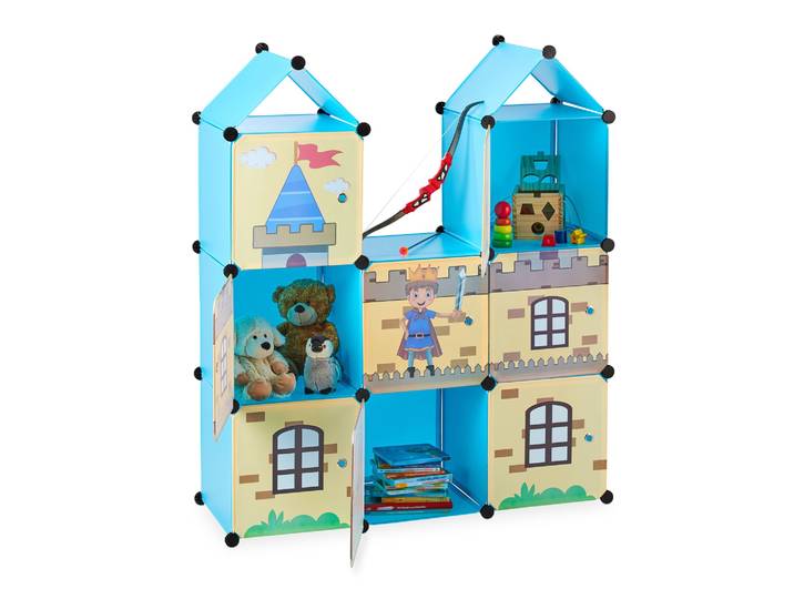 Steckregal Kinderzimmer als Ritterburg Blau-Gelb-Schwarz