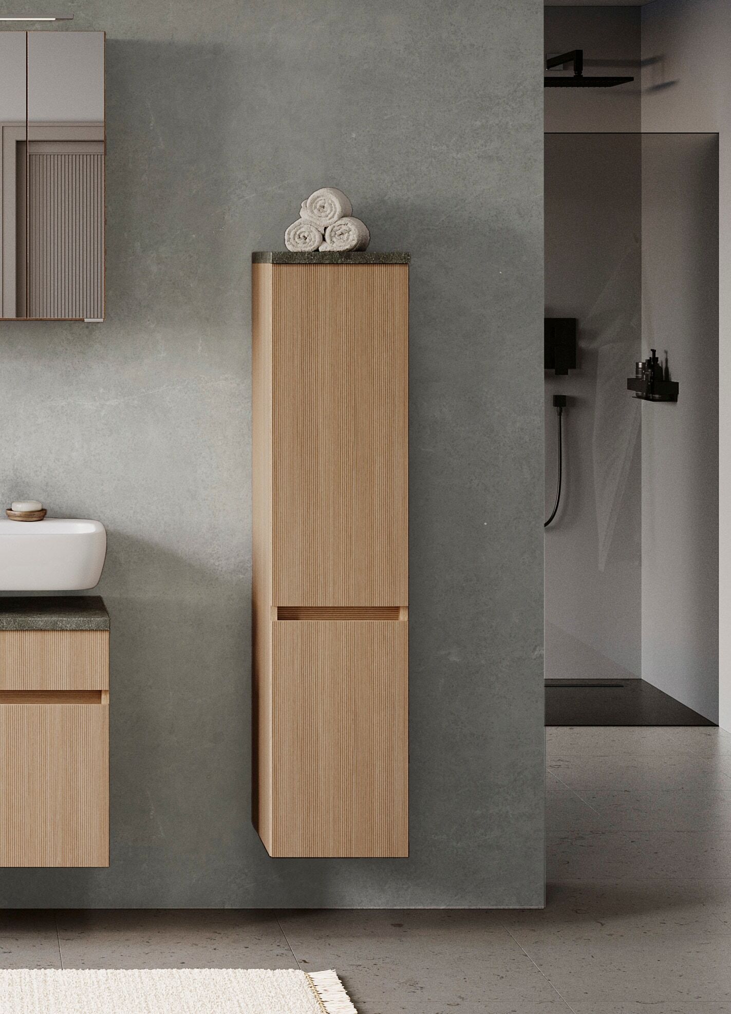Midischrank WELLTIME "EIXO, 2 Türen, 3 verstellbare Einlegeböden, inklusive Dekorfüsse", braun (eiche hell), B:30cm H:131cm T:35cm, Holzwerkstoff, Schränke, Midischrank eiche hell Eiche hell, B/H/T: 30cm x 131cm x 35cm, Türen: 2 Stk. Steinoptik hell
