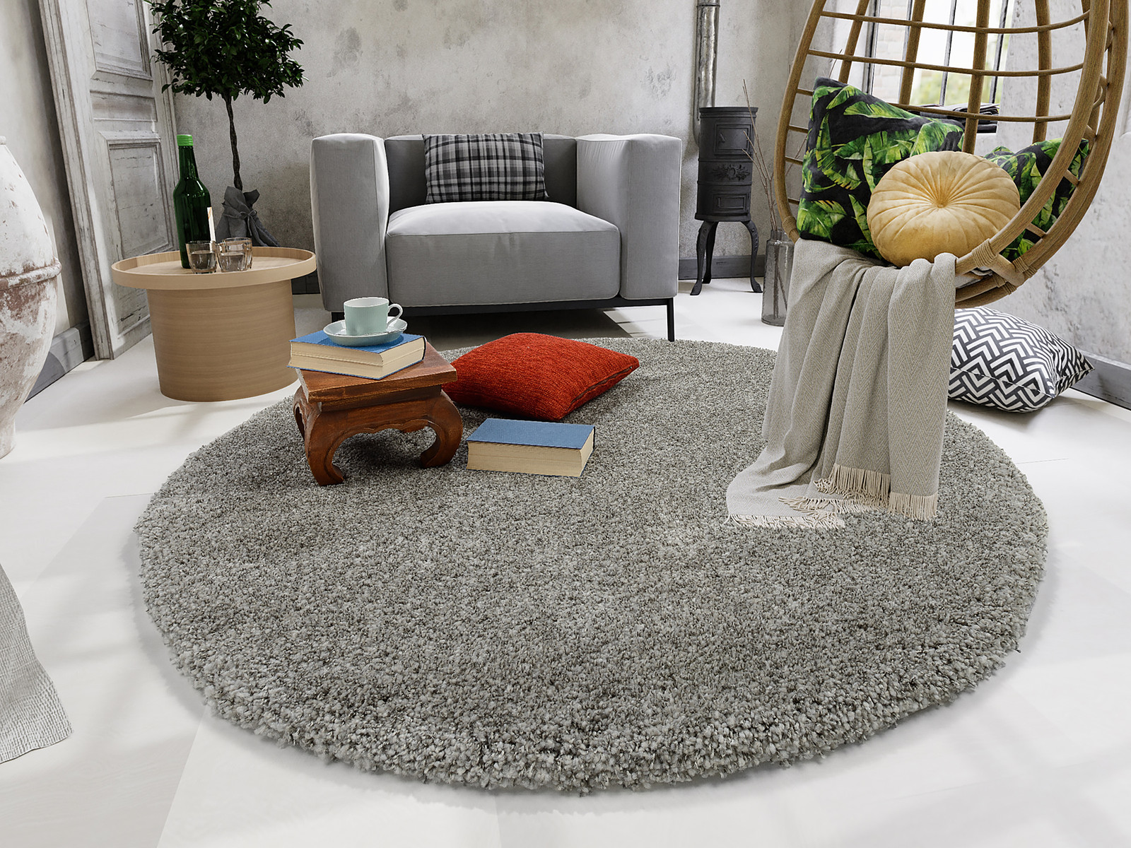 home24 Hoogpolig vloerkleed Calmo Lusso rond, grijs, Diameter: 150 cm