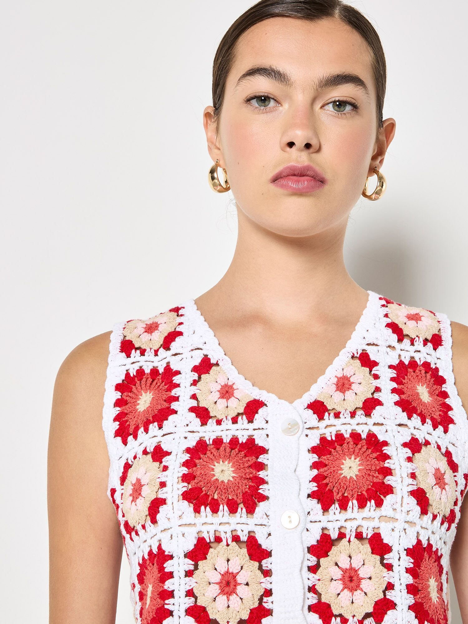 Spitzentop APRICOT "Weste mit gehäkelten Quadraten" Gr. 36, rot, Tops, Damen, S (36), Strick, Obermaterial: 88% Baumwolle CO. 12% Polyester PES., gemustert, Spitzentop, Häkeln