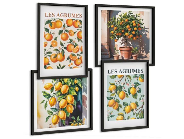 BILDER SET 4er Set - 50x50 cm & 40x60 cm Schwarzer Rahmen - Fruchtige Zitrusmuster