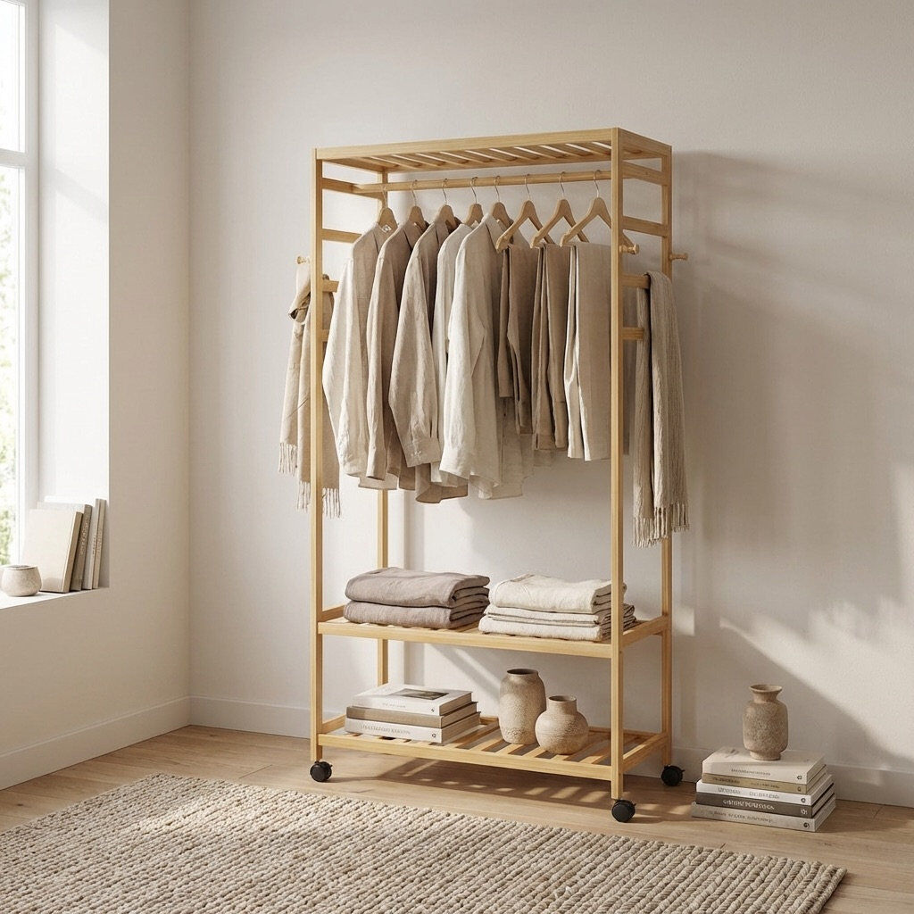 Latitude Run Wooden Clothes Rack   Portable Open Wardrobe with Shoe Storage Brown