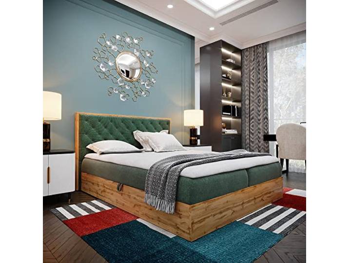 FURNISTAR Boxspringbett LOFT 3-180x200cm Grün. Doppelbett mit Bonellmatratze, Bettkasten, Topper, Kopfteil.