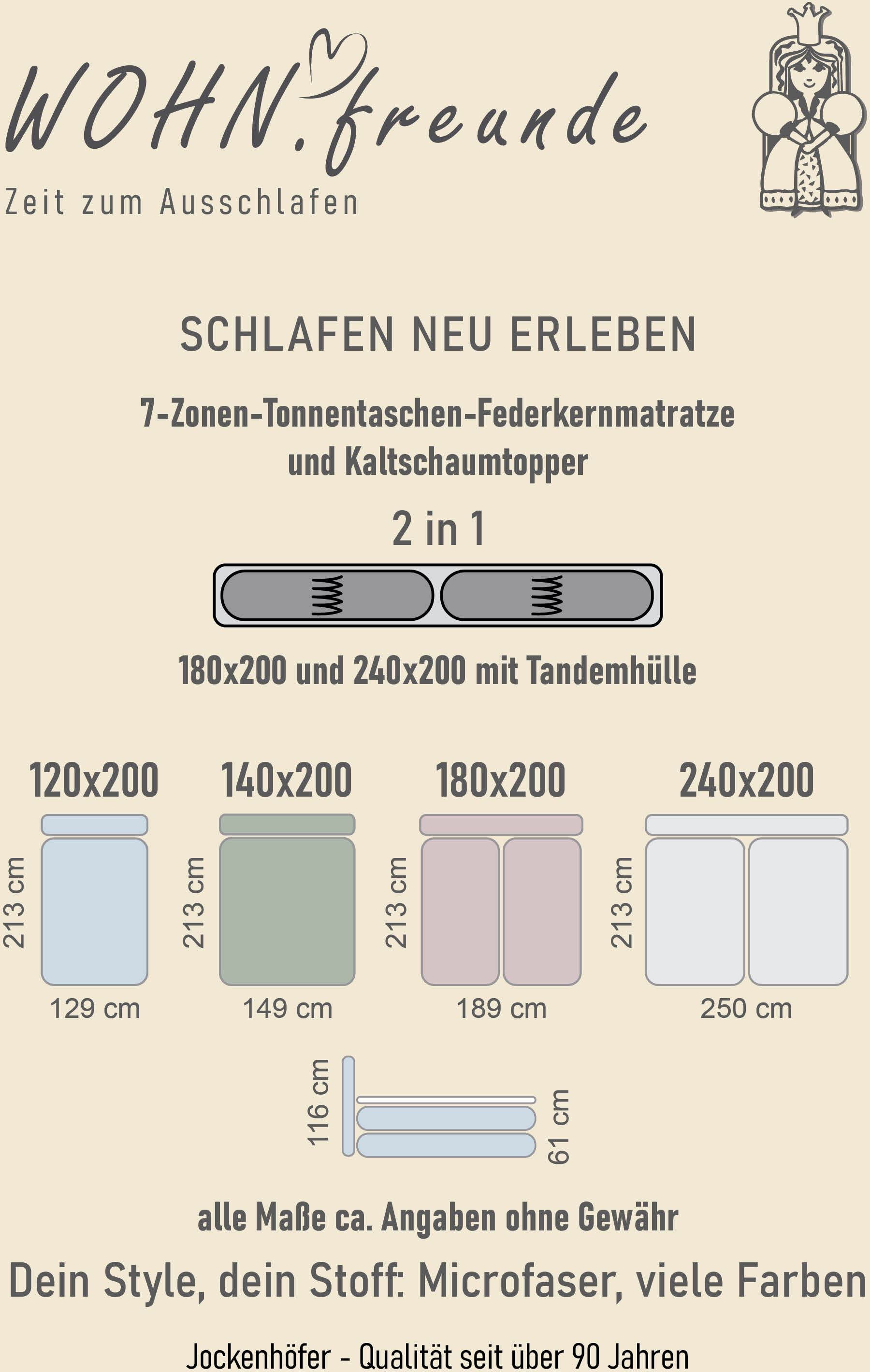 Boxspringbett JOCKENHÖFER GRUPPE "FAMILY, Familienbett mit Taschenfederkernmatratze H3", grau (grau 403, 19), B:250cm L:213cm, Bezug Bett: Microfaser (100% Polyester);Topper und Matratzenspiegel: 100% Polyester, Komplettbetten, Boxspringbett, mit Kaltscha