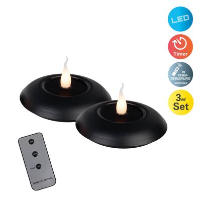 NÄVE LED Dekolicht "Leli", schwarz, 2, Ø 14,5cm H: 4cm, 2 Stk., Leuchten, 2er-Set LED Kerzen schwarz, Flammeneffekt, Timer, Schiebeschalter