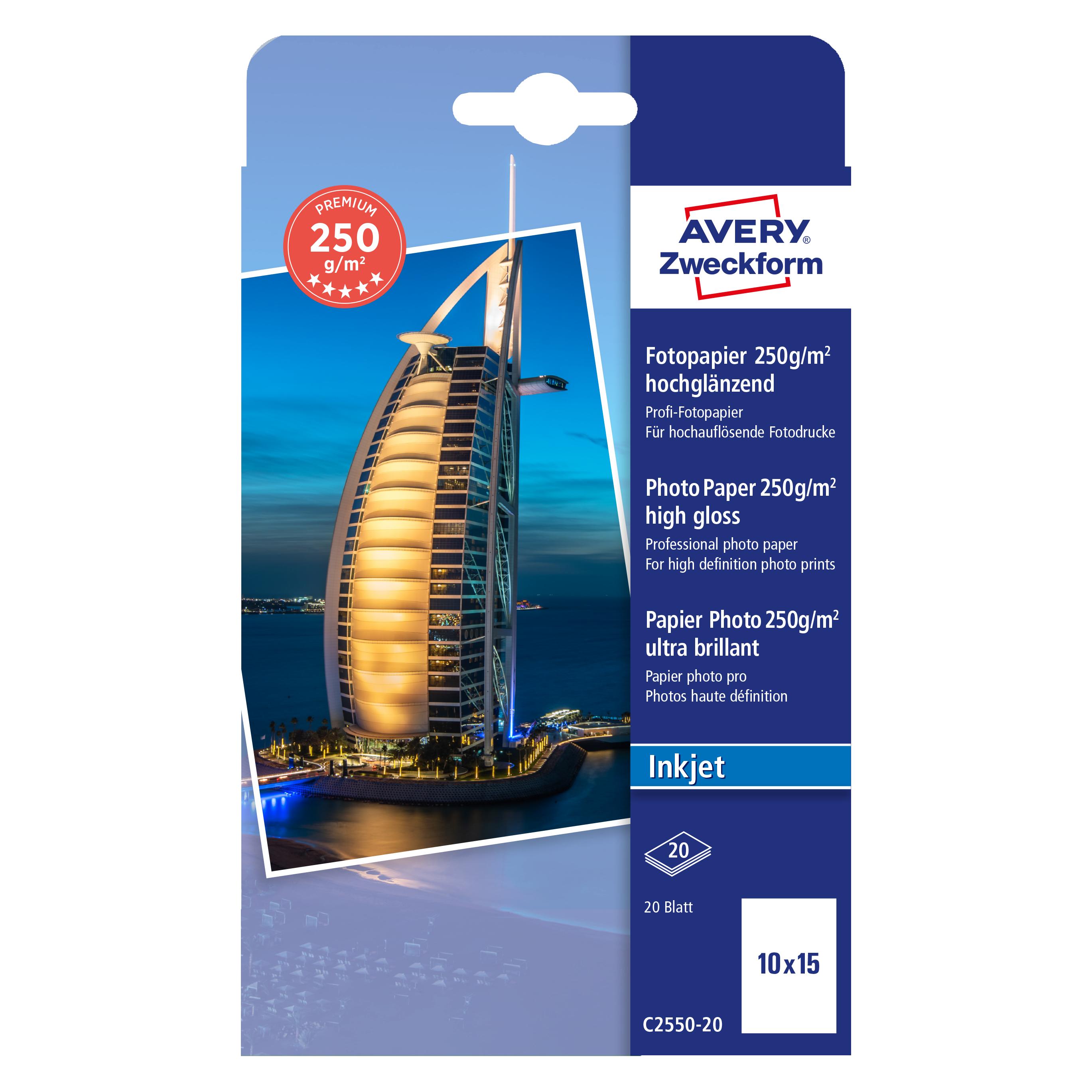 Avery Premium Inkjet Fotopapier (250 g/m², 10 x 15 Zentimeter, 20 Stk.) (C2550-20)