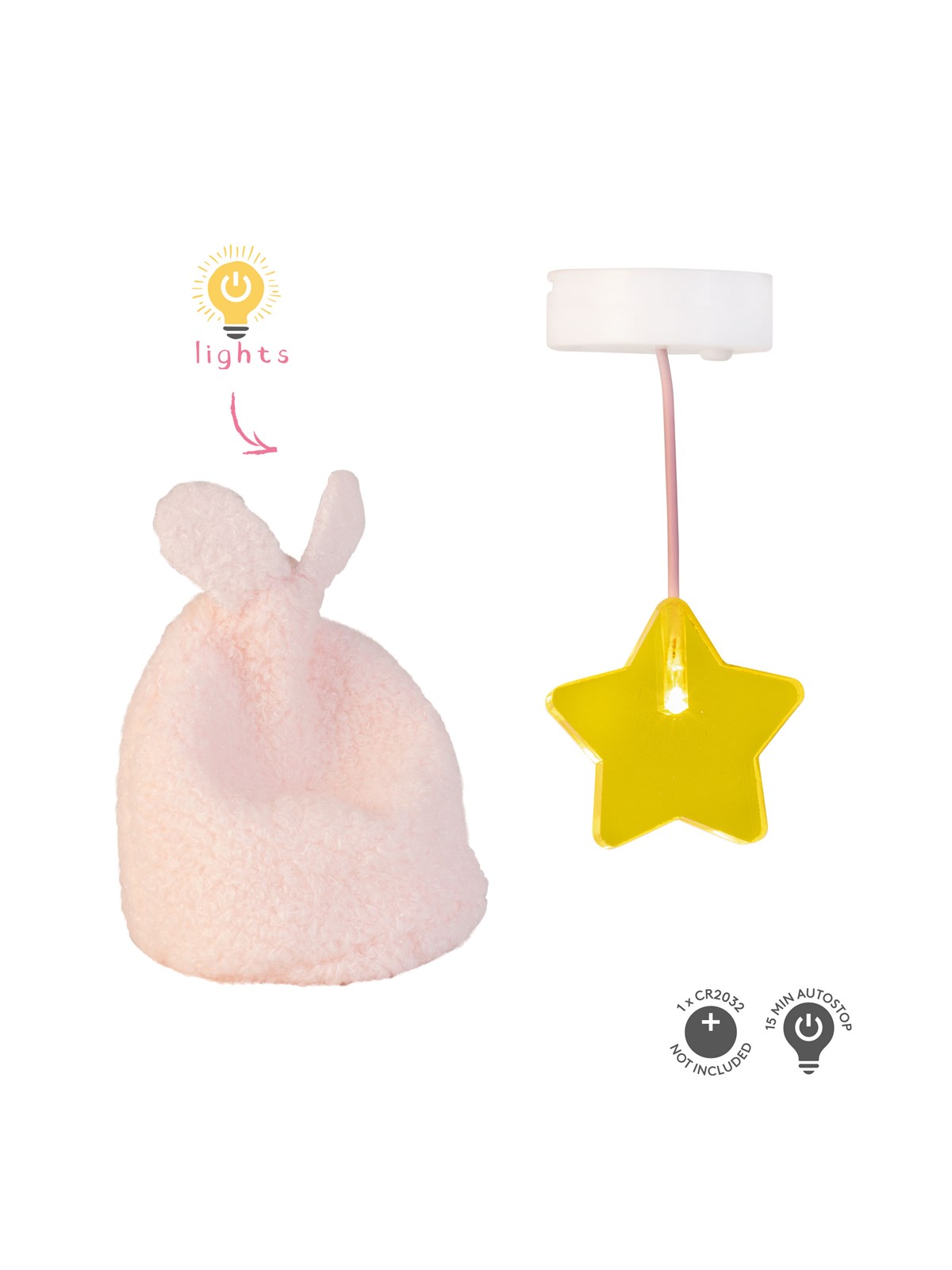 Micki Lundby gelbe Stern-Deckenlampe mit Licht & rosa Pouffe. Benötigt 2x CR2032 Batterien (nicht enthalten), 15-Minuten-Abschaltautomatik.