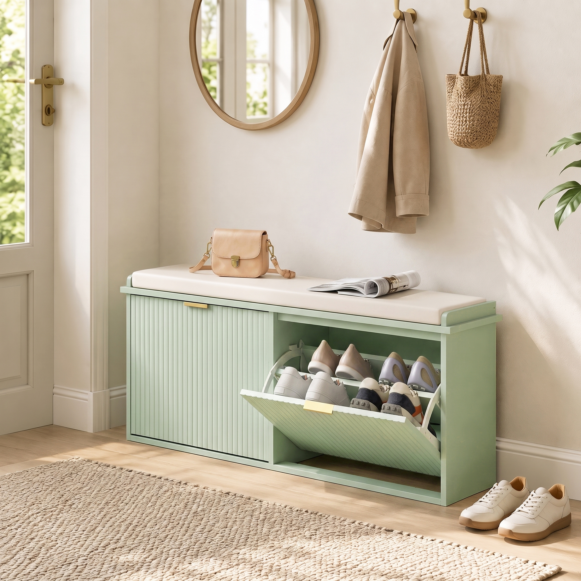 Homcom Panca scarpiera con cuscino e cassetto ribaltabile 104x26x47,5 cm, verde   Aosom Italy
