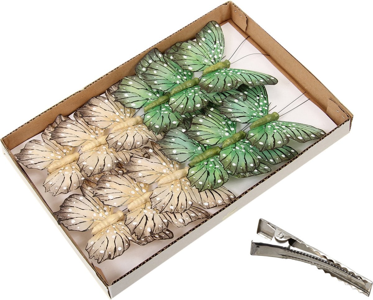 Othmar Decorations decoratie vlinders op clip - groen/beige - 11 cm