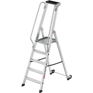Hailo Stehleiter Master P80, 10000118, 2 Handläufe & Plattform, fahrbar, aus eloxiertem Aluminium, bis 150kg, mit 5 Stufen