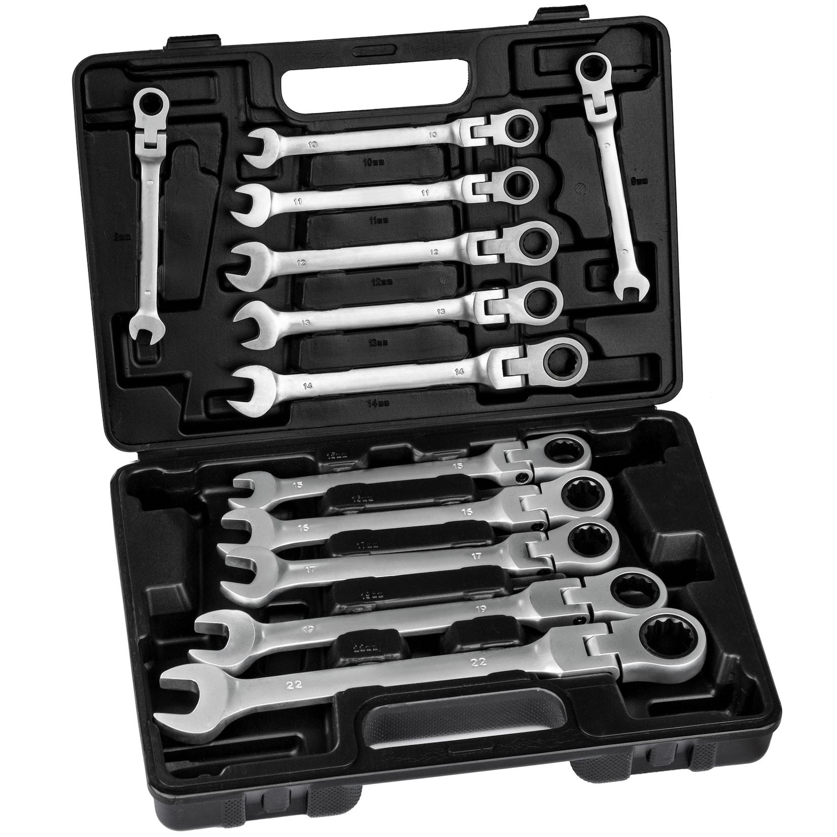 tectake® Ratschenschlüsselsatz, 12-teilig, 8 - 22 mm, 72 Zahn-Getriebe, inklusive Kunststoffkoffer