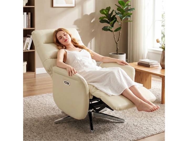 HOMCOM Fauteuil Relax Inclinable Pivotant Cuir PU Beige USB