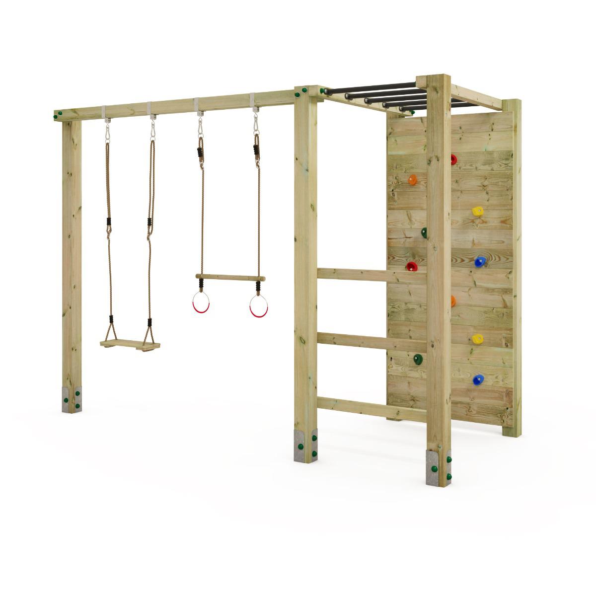 Holzschaukel Aero Rock mit Kletteranbau - stabiles Spielgerüst inkl. Kletterwand und Trapez - 11x11 cm Premium Pfosten - Garten Abenteuer Wickey