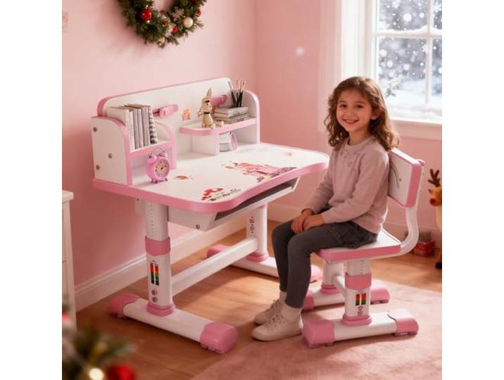 ohfruit Kindertisch und Stühle, einfache Montage, höhenverstellbar (65 bis 71 cm), Kinderschreibtisch mit großer Schreibtafel, ergonomischer Lerntisch und Stuhl-Set für Mädchen, ideal für Hausaufgaben