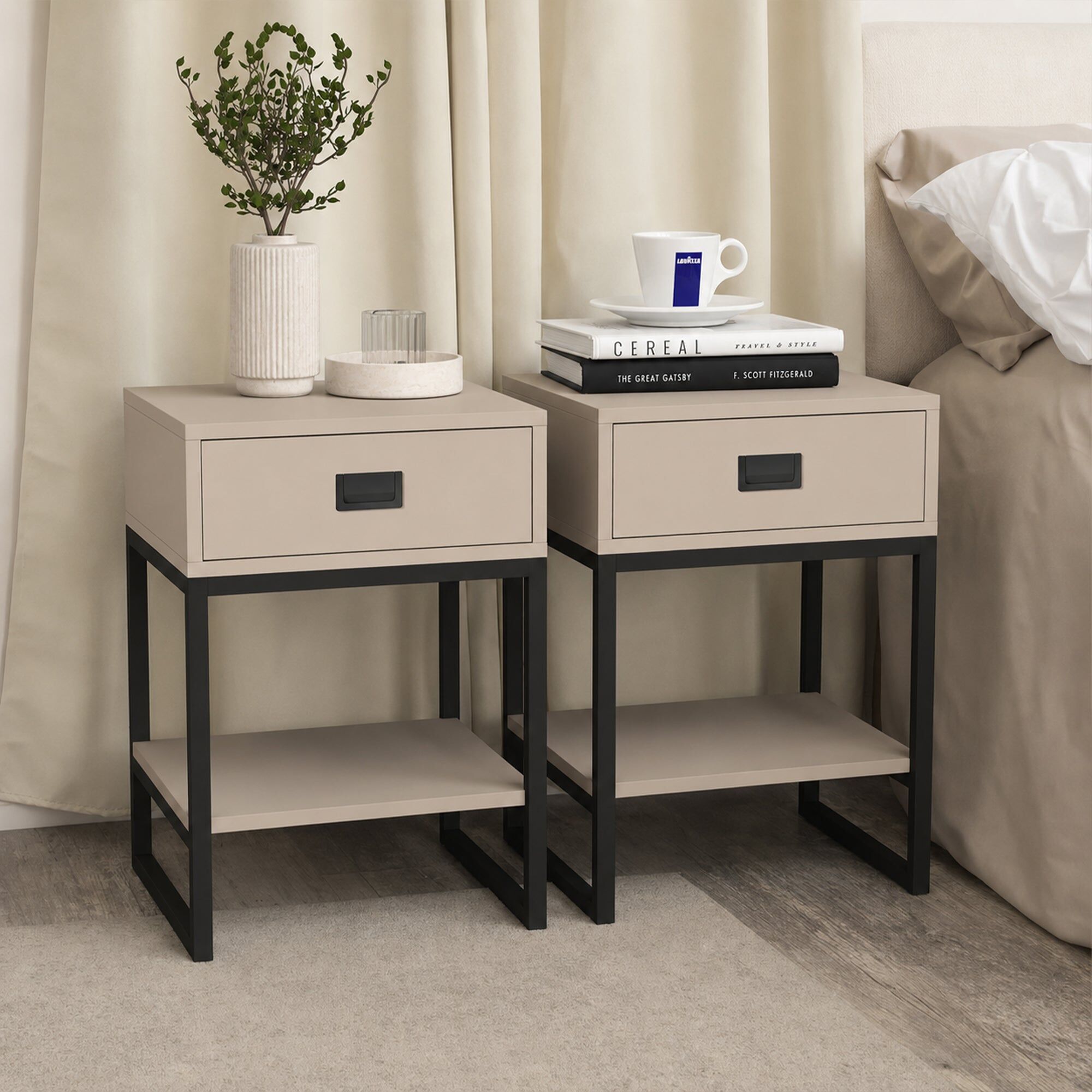 Pair of One Drawer Bedside Table - Elle Dark Beige Range Coated MDF, Metal