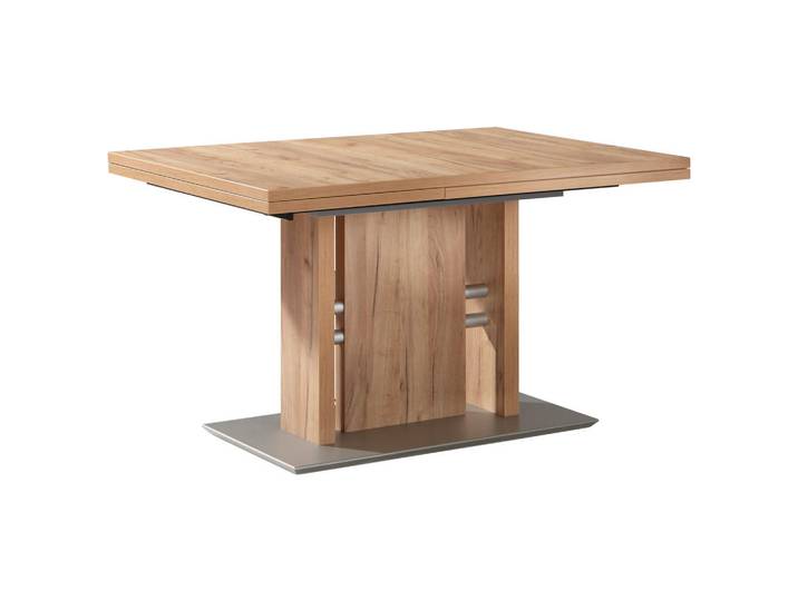 Moderano Esstisch, Eiche, Edelstahl, Metall, rechteckig, Säule, 90x75x130-180 cm, Goldenes M, ausziehbar, in verschiedenen Größen erhältlich, Holzdekoren erhältlich, Esszimmer, Tische, Esstische, Esstische ausziehbar