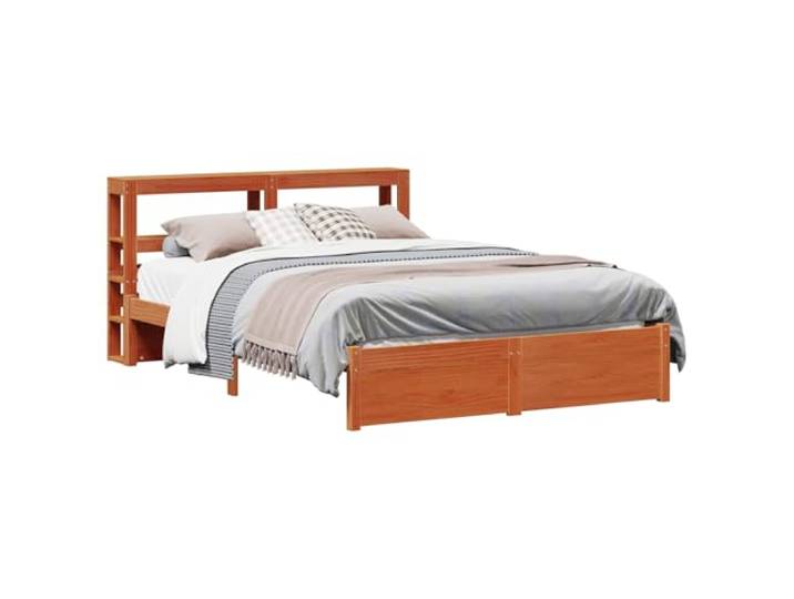 PUGYNBK Bettgestell mit Kopfteil, Braun, Wachs, 120 x 200 cm Massives Kiefernholz, belüfteter Lattenrost, integrierte Regale, moderner Stil
