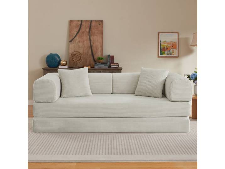 ELVORIN Canapé convertible 3 places beige corduroy mousse 17 cm structure acier 2 coussins