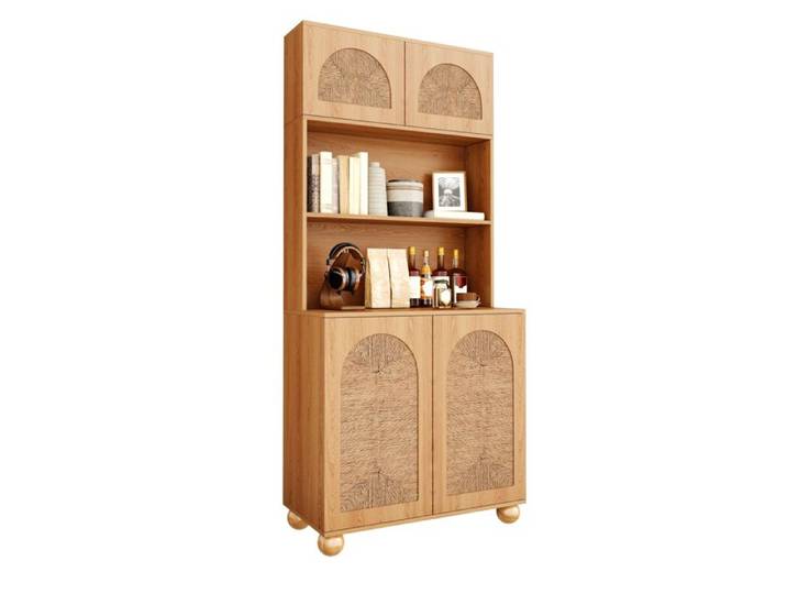 Buffet haut vitrine de rangement 80x40x180 cm 4 portes cannage arqué aspect bois naturel FOLYNA