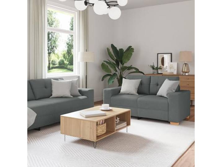 HEFZGDB 3-TLG. Sofagarnitur mit Kissen Dunkelgrau Stoff – Modernes Sofa Set mit dickem Schaumstoffpolster für maximalen Sitzkomfort, strapazierfähiger Holz- und Stahlrahmen