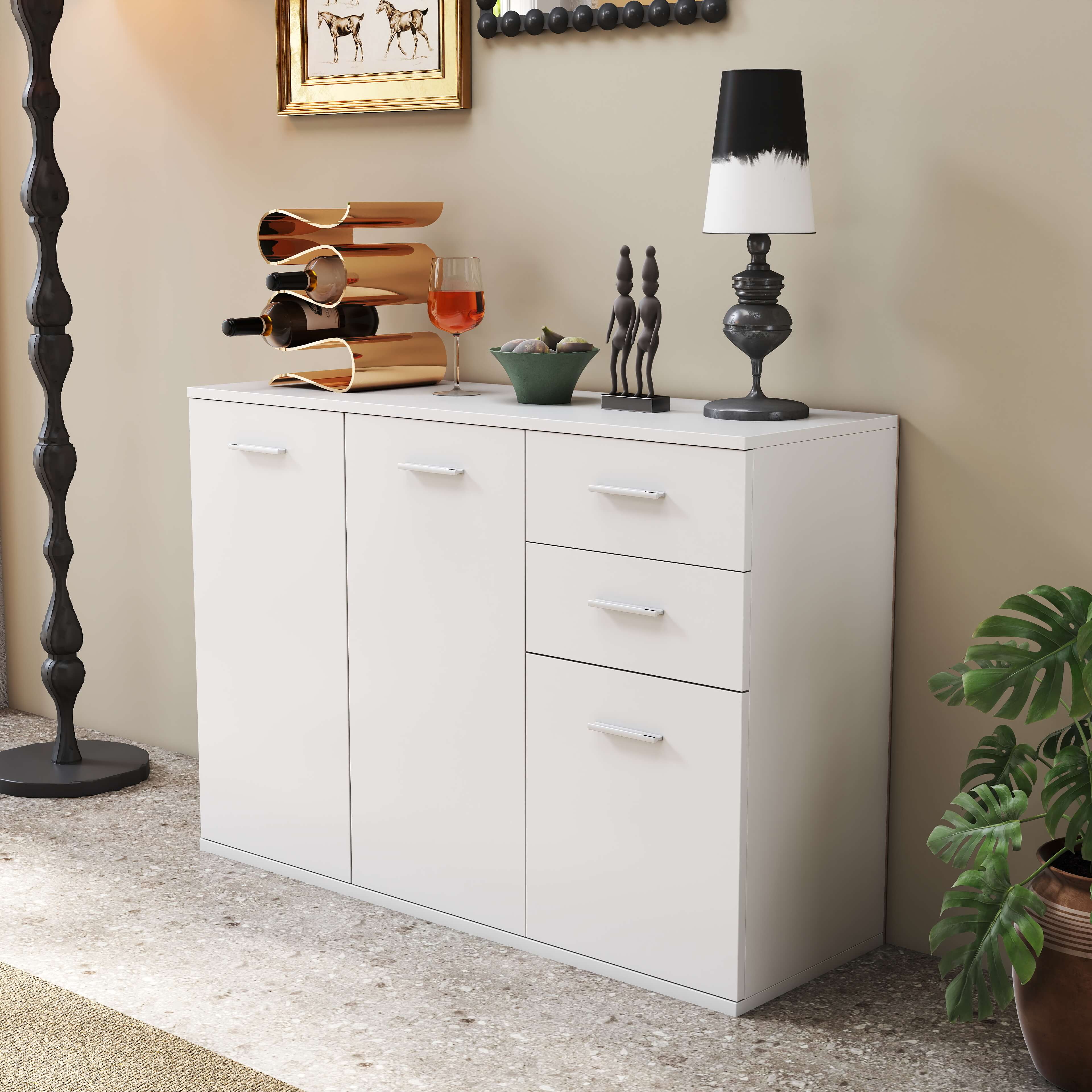 Homcom Armadietto Mobiletto cucina Mobili Soggiorno Mobiletto Multiuso con 3 Ante e 2 Cassetti in Legno Truciolato, Bianco Aosom